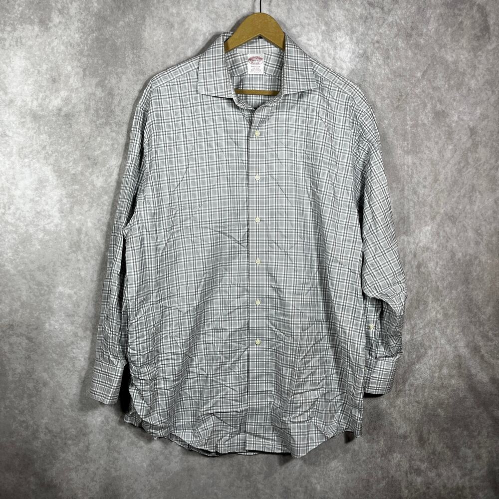 Brooks Brothers Madison Dress Shirt Men Size 16.5 33 Gray Plaid Button Up Casual